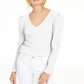 INC International Concepts Women's Puff Shoulder Ribbed Top White Size Petite L