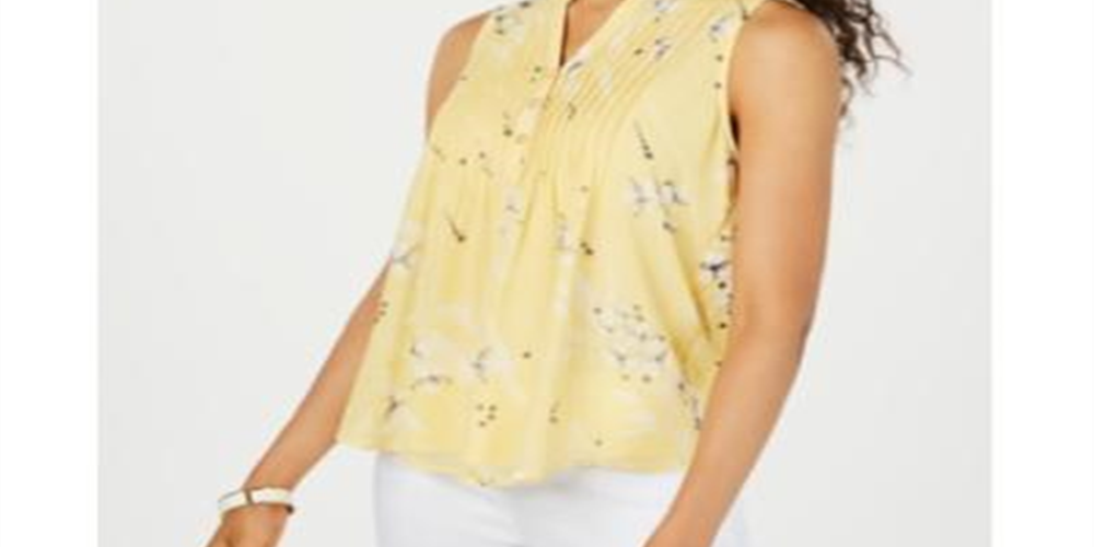 Charter Club Women's Floral Print Pintucked Top Yellow Size PP