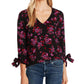 CeCe Women's V Neck Floral Print Rich Blouse Black Size M