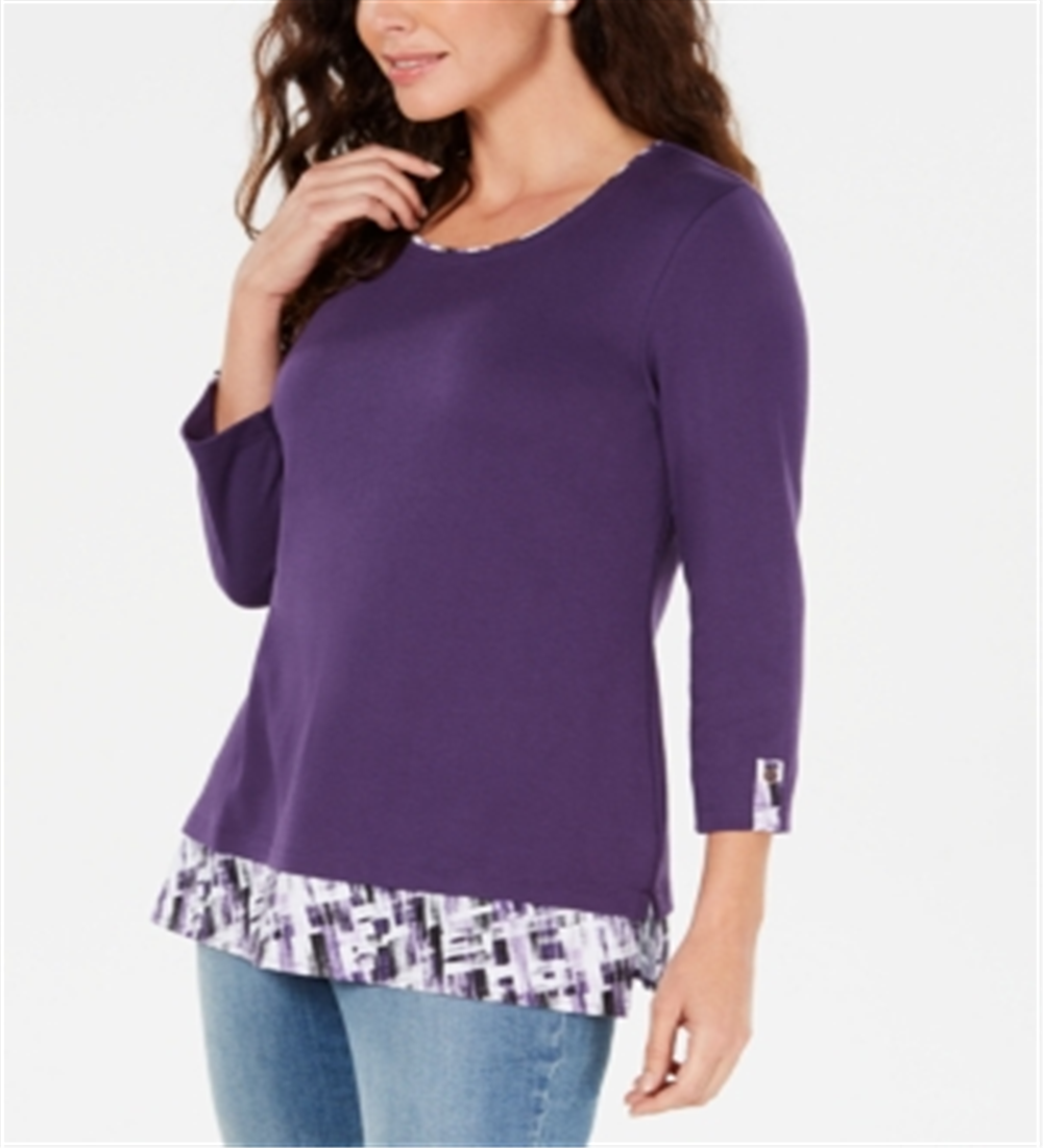 Karen Scott Women's Layered Look Solid & Plaid Top Purple Size L