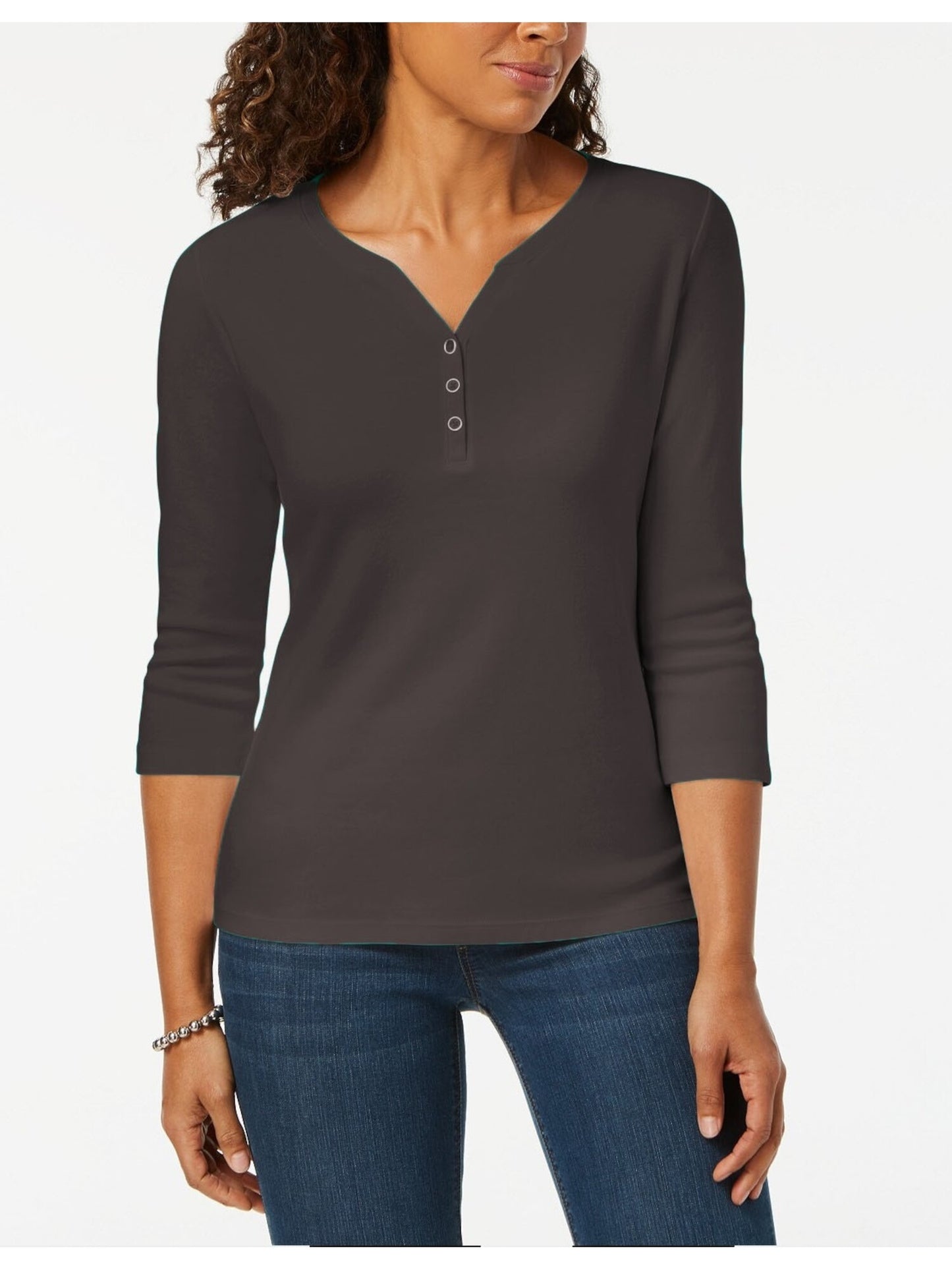 Karen Scott Women's Cotton Henley Top Gray Size XL