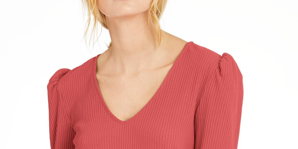 INC Women's  Long Sleeve V Neck Top Coral Size Medium