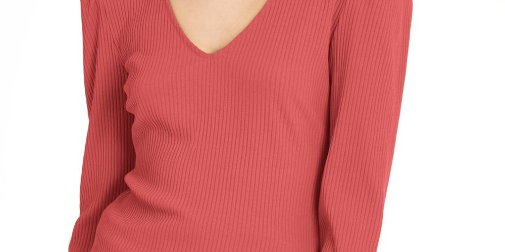 INC Women's  Long Sleeve V Neck Top Coral Size Medium