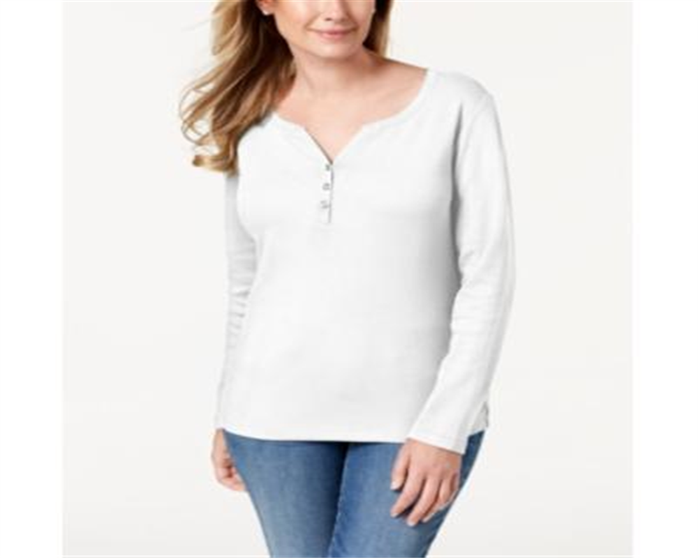 Karen Scott Women's Cotton Henley Top White Size M