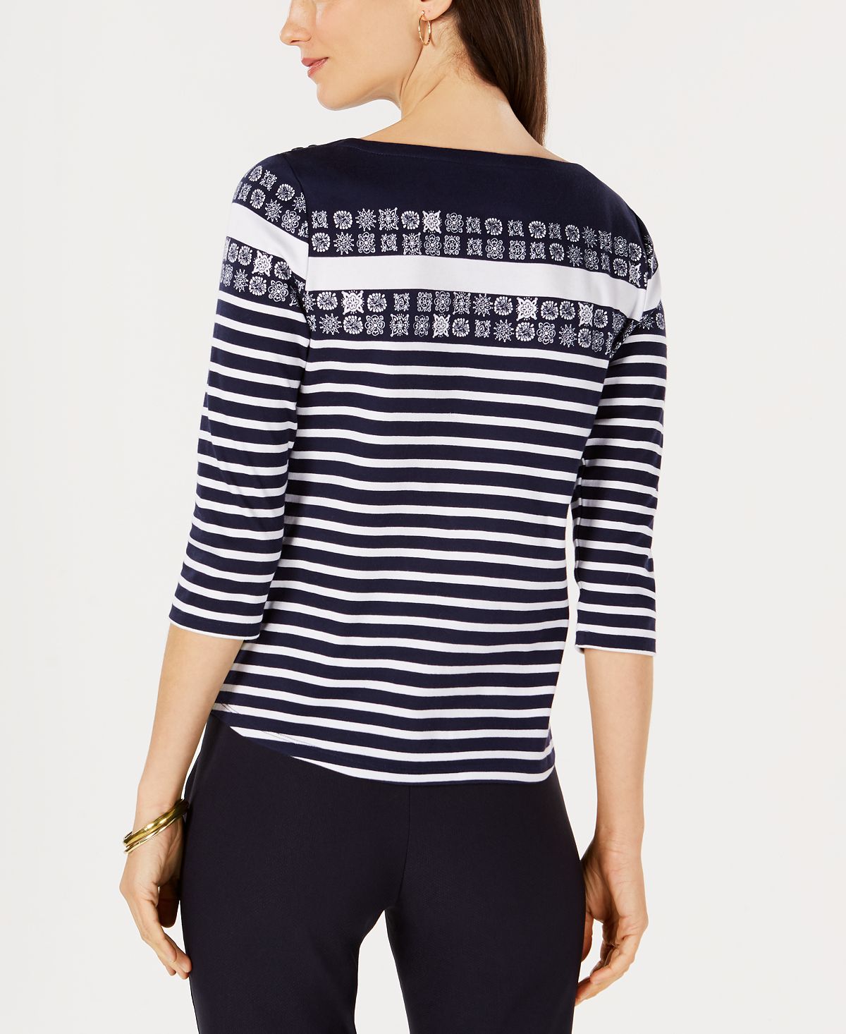 Charter Club Women's Printed 3/4-Sleeve Cotton Top  Blue Size M