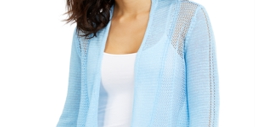 Alfani Women's Mixed Stitch Open Front Linen Blend Cardigan Blue Size XX-Large