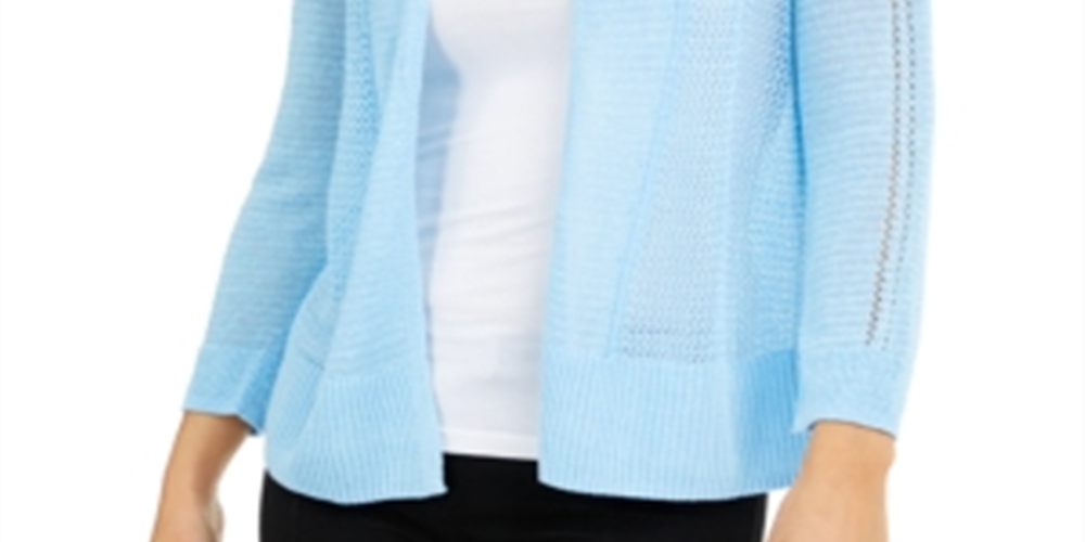 Alfani Women's Mixed Stitch Open Front Linen Blend Cardigan Blue Size XX-Large