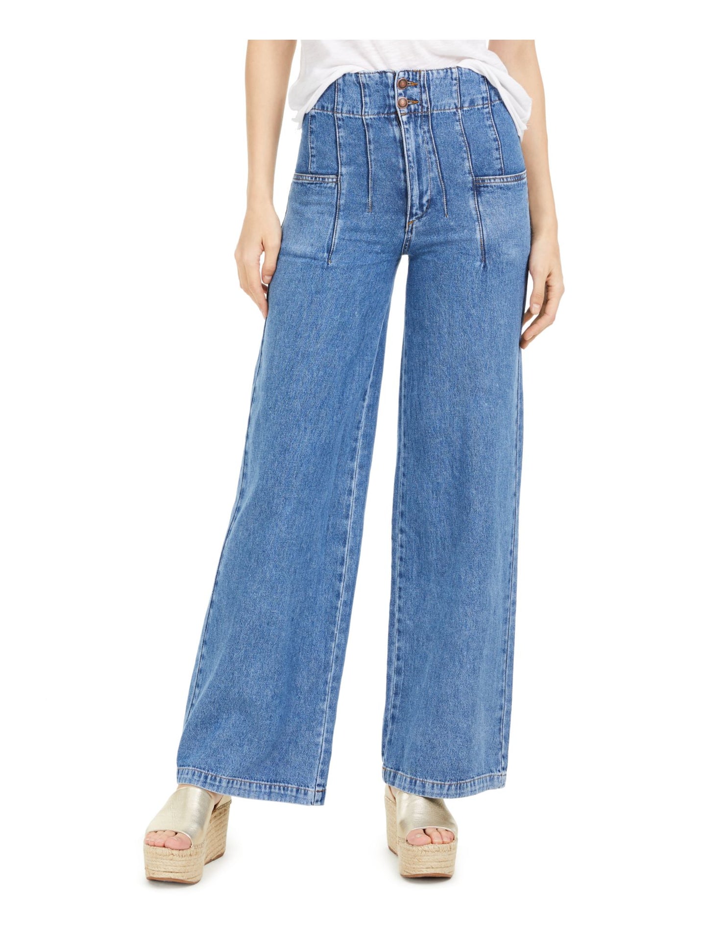 Free People Women's Midnight City Denim High Waist Wide Leg Jeans Blue Size 29