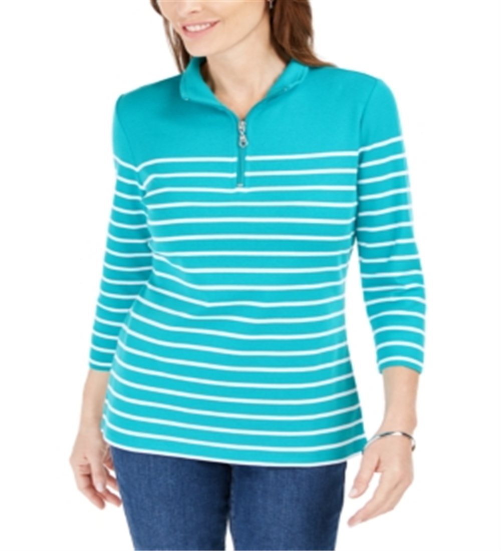 Karen Scott Women's Striped Zip Neck Top Blue Size L