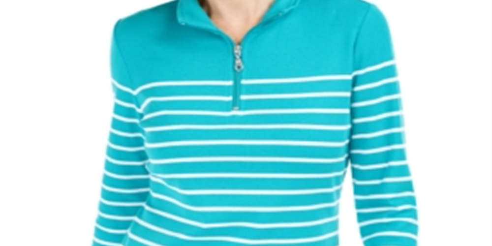 Karen Scott Women's Striped Zip Neck Top Blue Size L