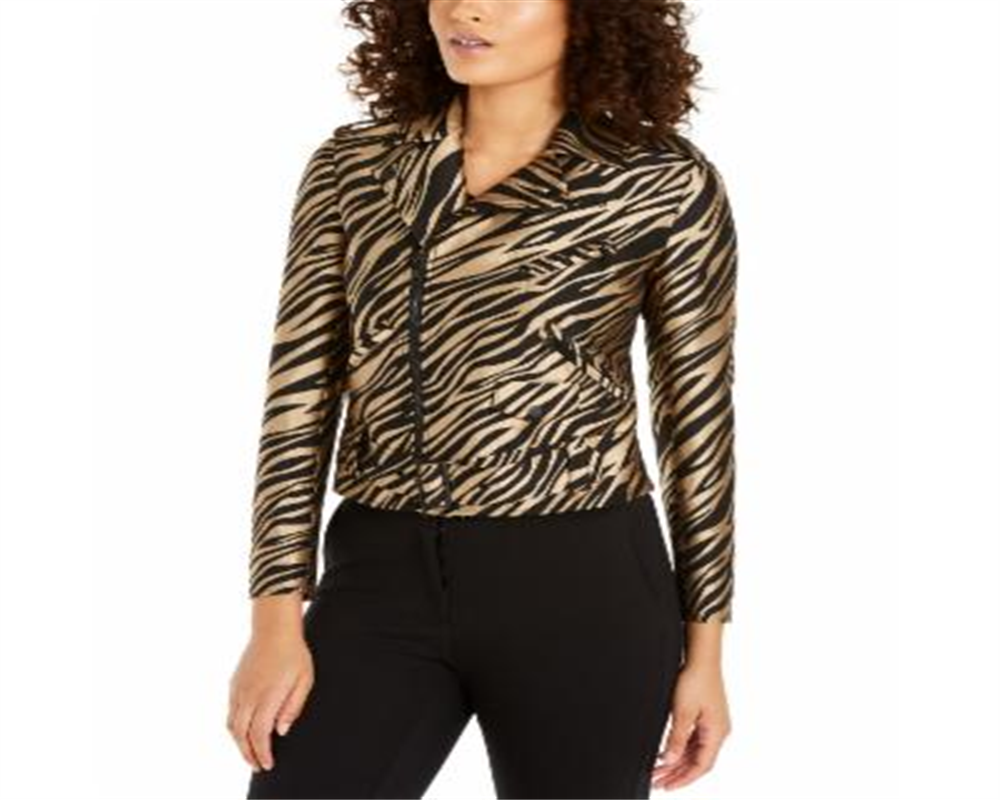Anne Klein Women's Printed Jacquard Moto Jacket Brown Size 8