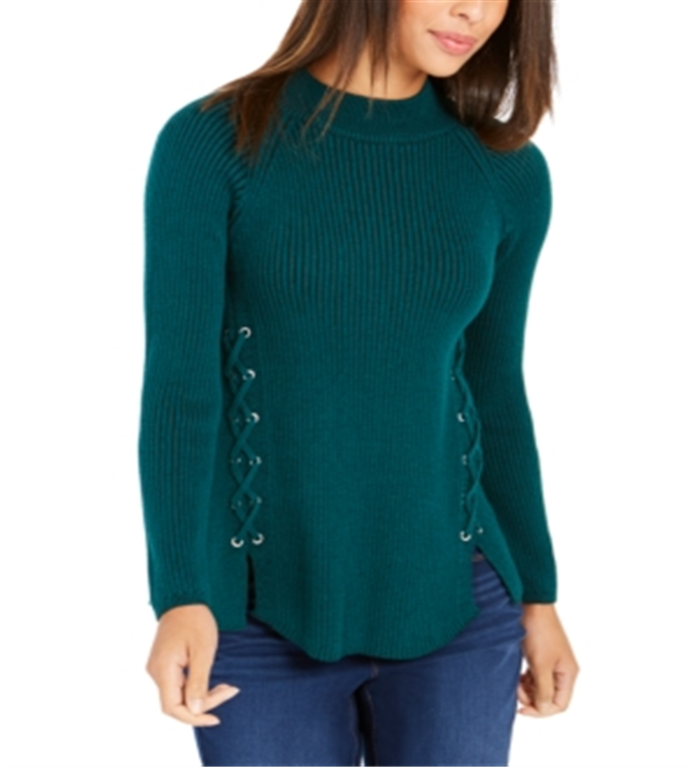 Style & Co Women's Mock Neck Lace up Sweater Green Size Petite XL