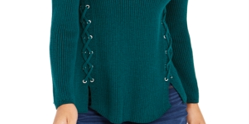 Style & Co Women's Mock Neck Lace up Sweater Green Size Petite XL