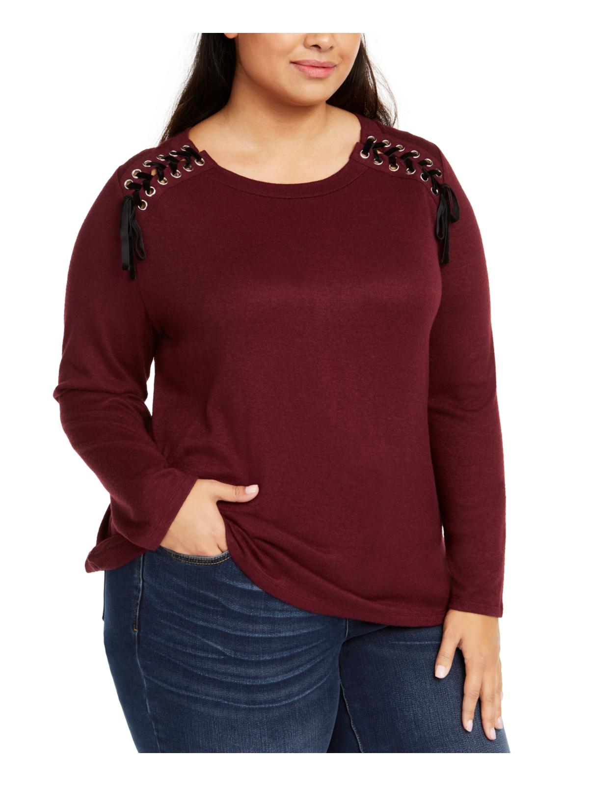 INC International Concepts Women's Plus Lace up Snit Crew Neck Top Wine Size 0X