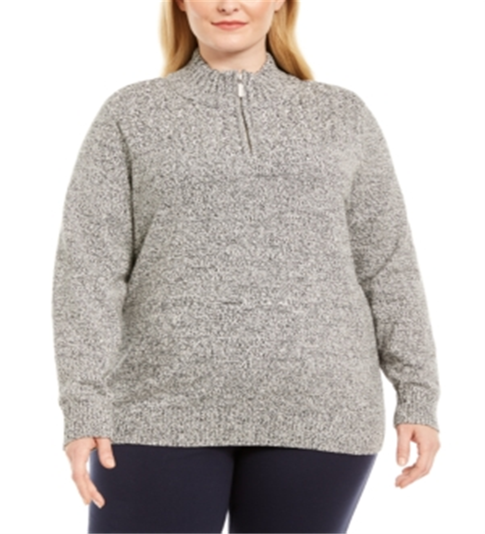 Karen Scott Women's Marled Cotton 1/4 Zip Mock Neck Sweater Brown Size 1X