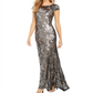CALVIN KLEIN Womens Grey Sequined Short Sleeve Jewel Neck Maxi Sheath Evening Dress Size 6