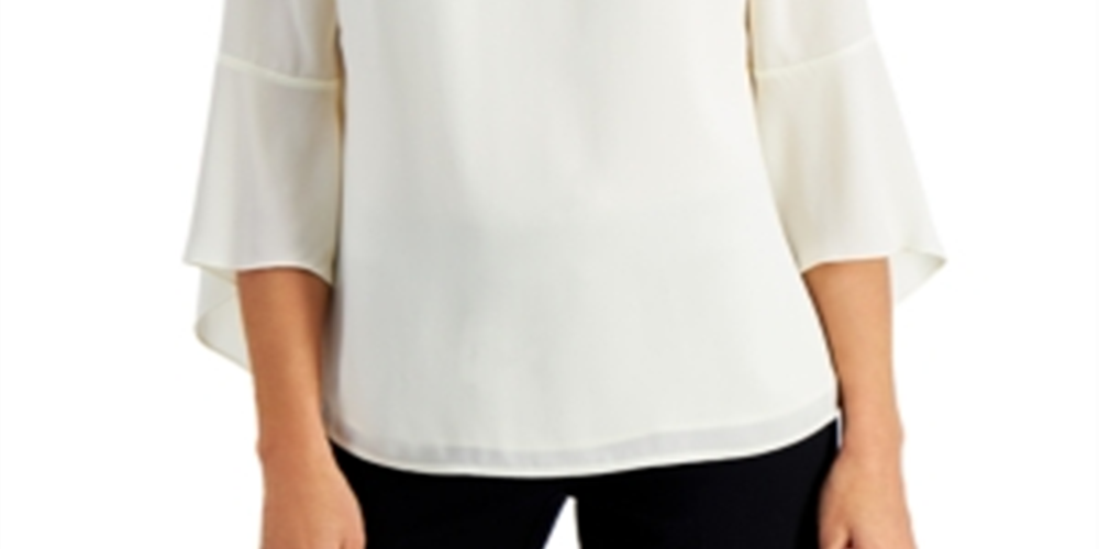 JM Collection Women's Bell Sleeve Rhinestone Neck Top  White Size Small