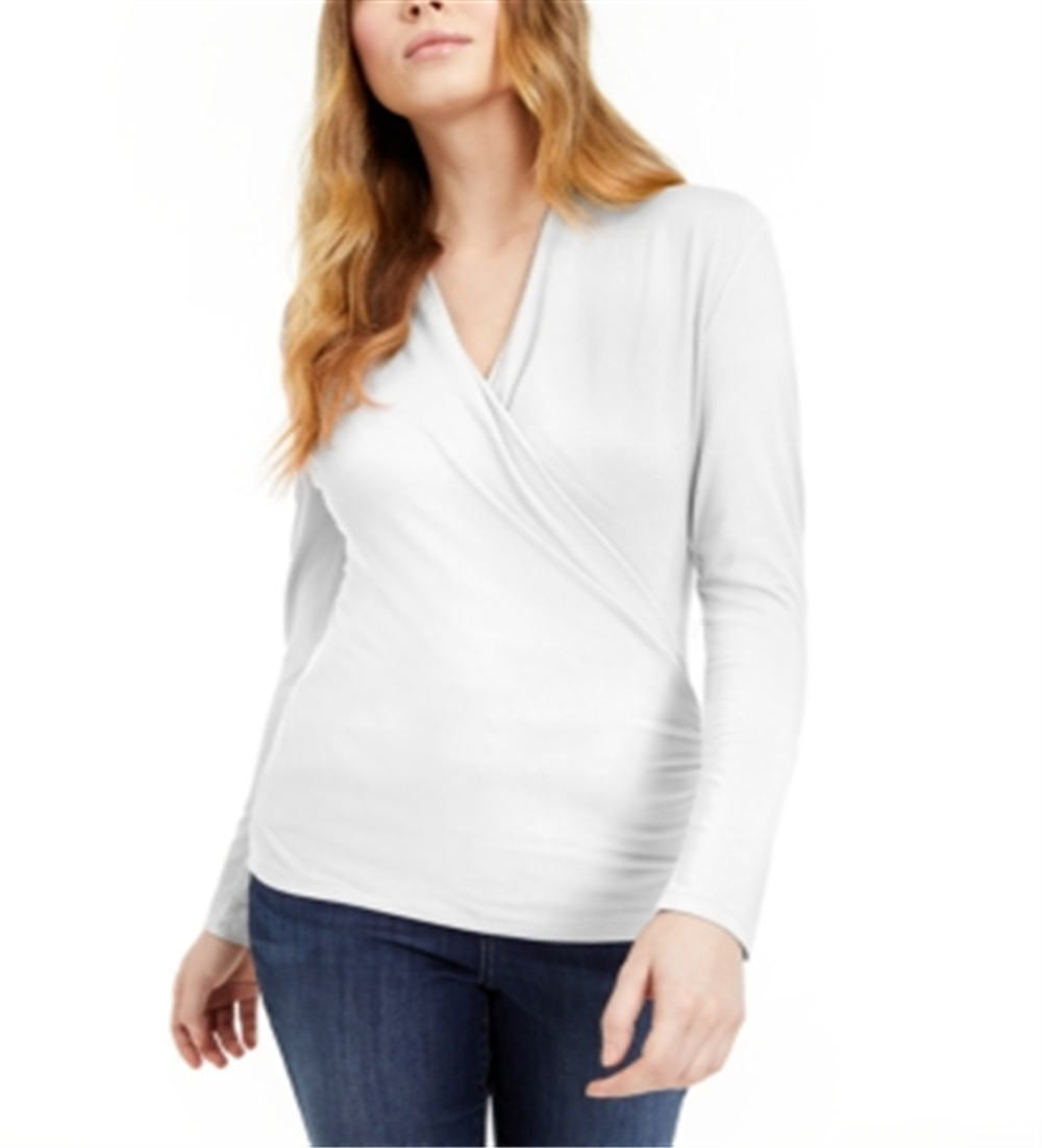 INC International Concepts Women's Wrap Long Sleeves Top White Size Petite X-Small