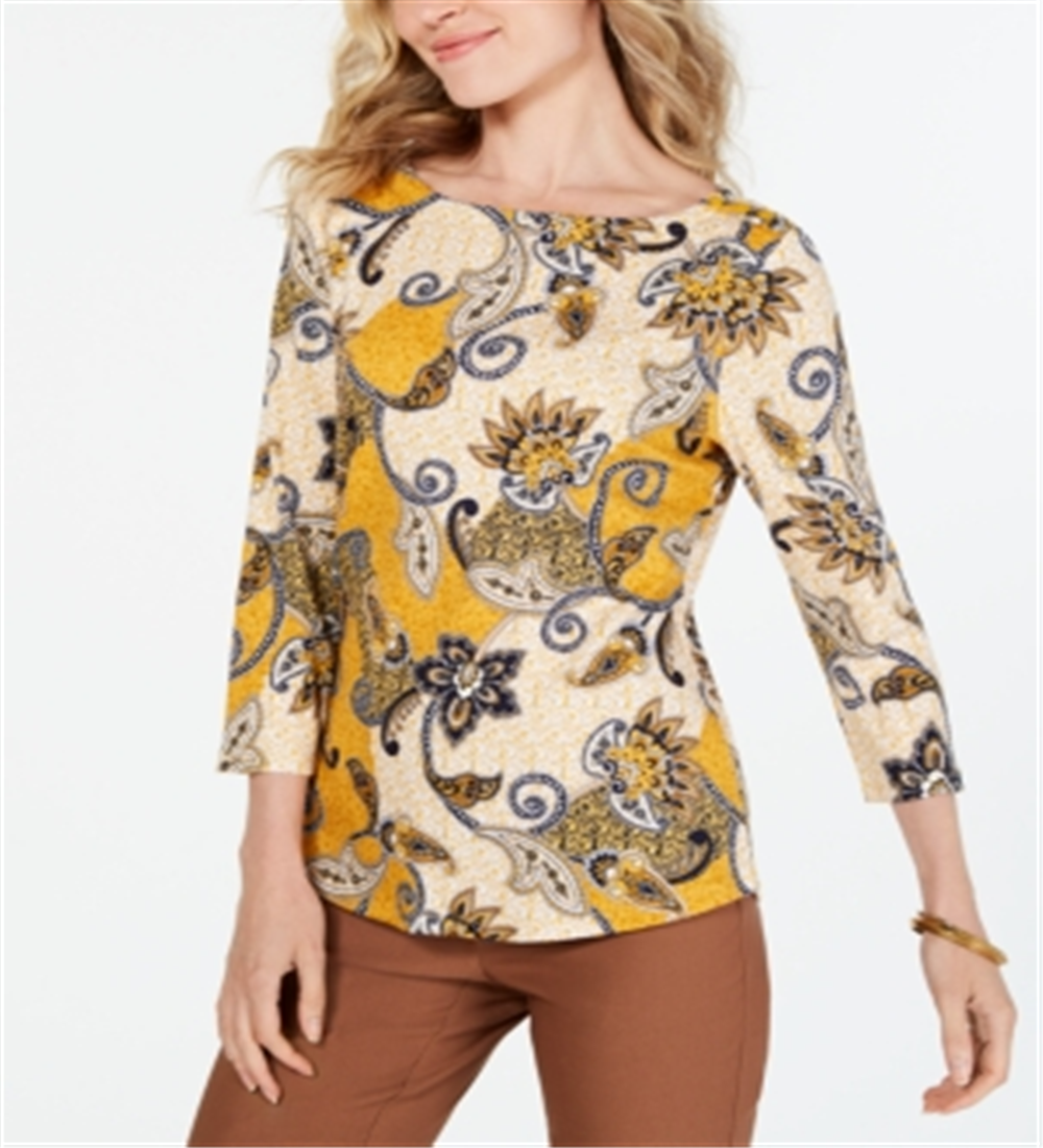 Charter Club Women's Printed Cotton 3/4 Sleeve Top Yellow Size Medium