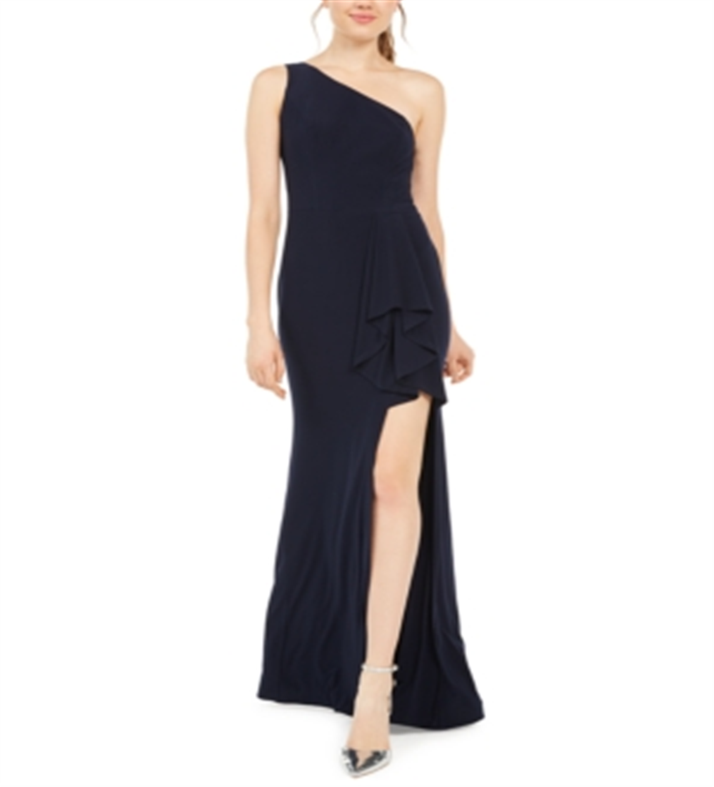 Blondie Women's Slitted Solid Asymmetrical Neckline Full Length Sheath Formal Dress Blue Size 1