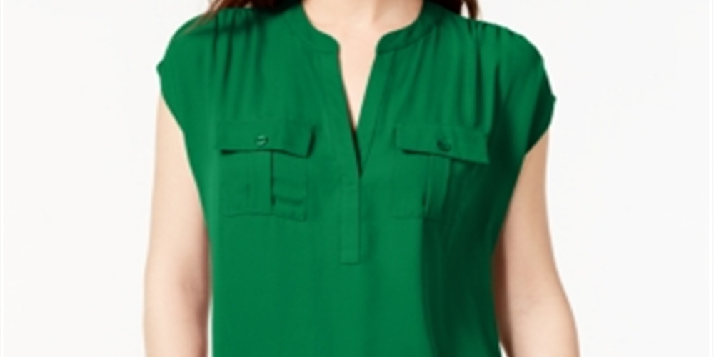 INC International Concepts Women's Pocketed Cap Sleeve V Neck Top Green Size Large