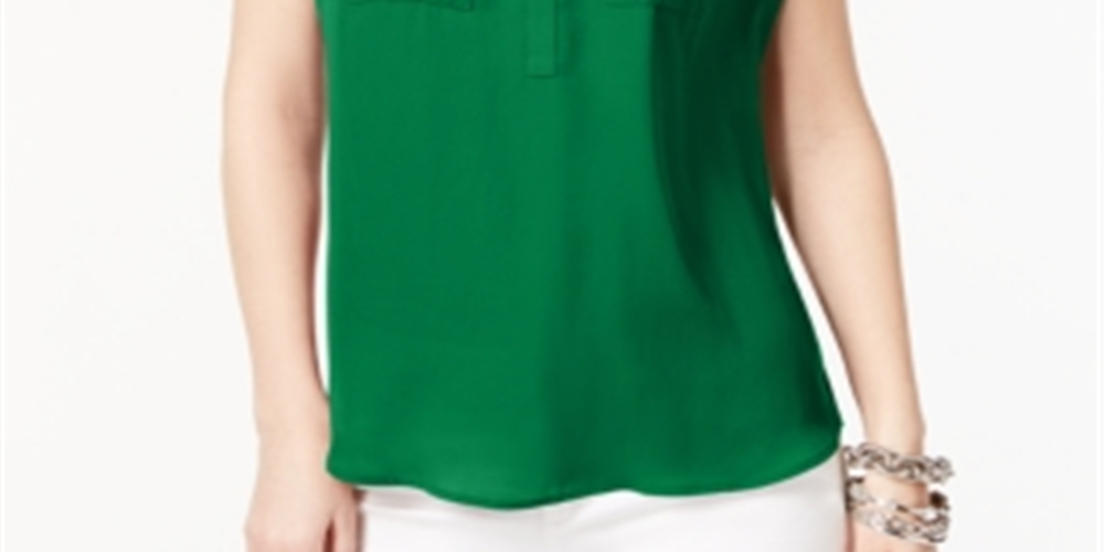 INC International Concepts Women's Pocketed Cap Sleeve V Neck Top Green Size Large