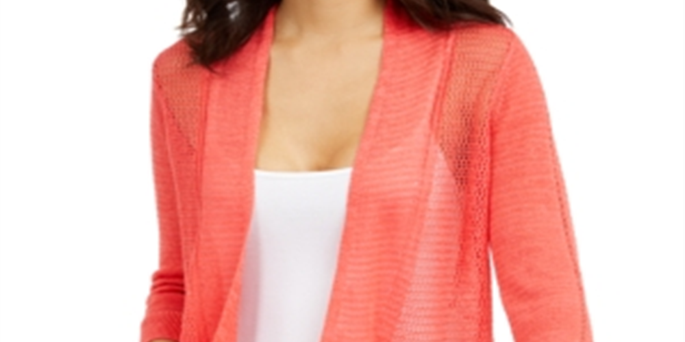 Alfani Women's Mixed Stitch Open Front Linen Blend Cardigan Red Size Medium