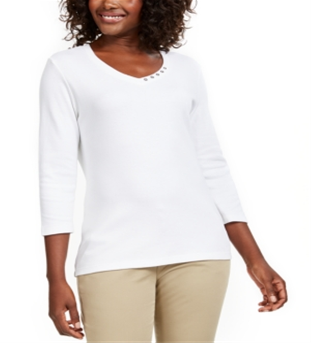 Karen Scott Women's Grommet Neck Cotton Top White Size Medium