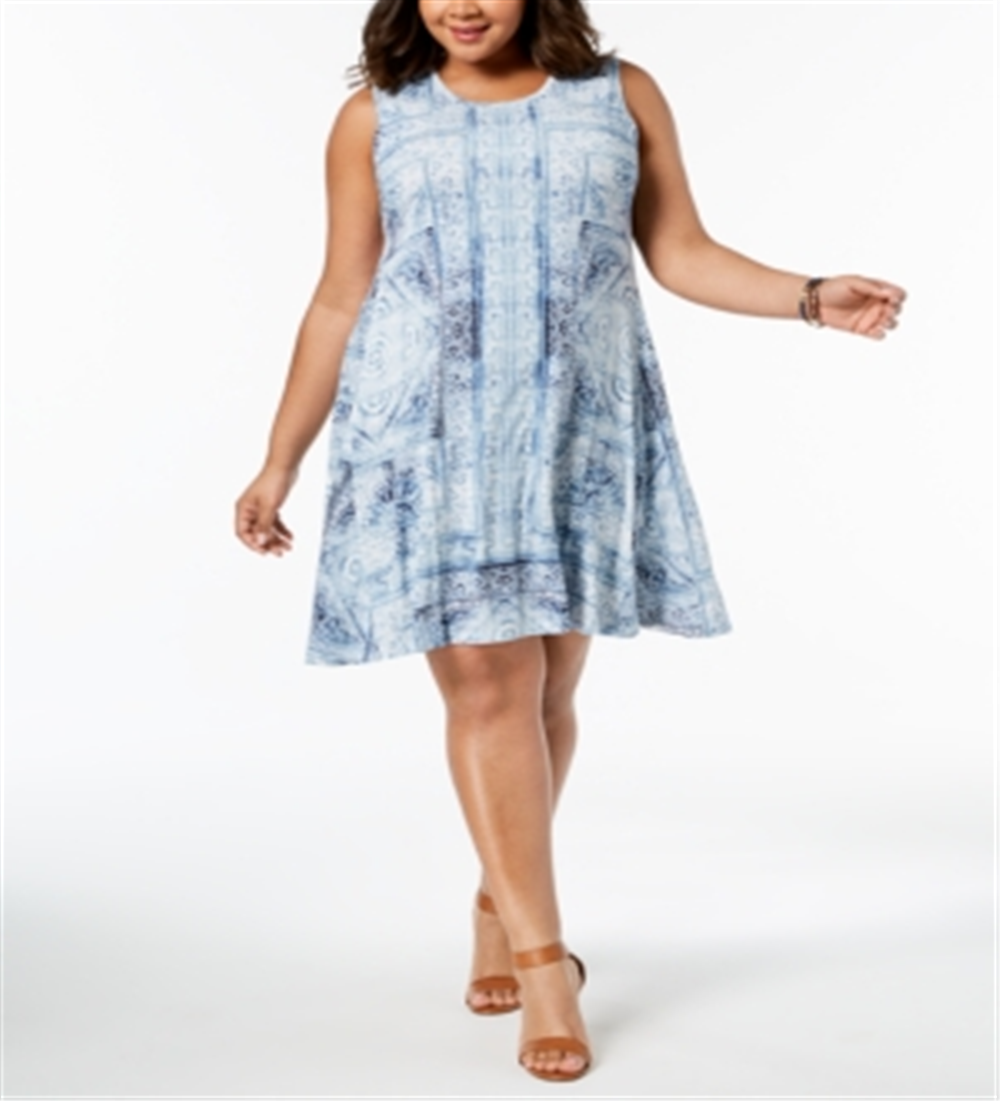 Style & Co Women's Plus Printed Knee Length Tunic Dress Blue Size 3X