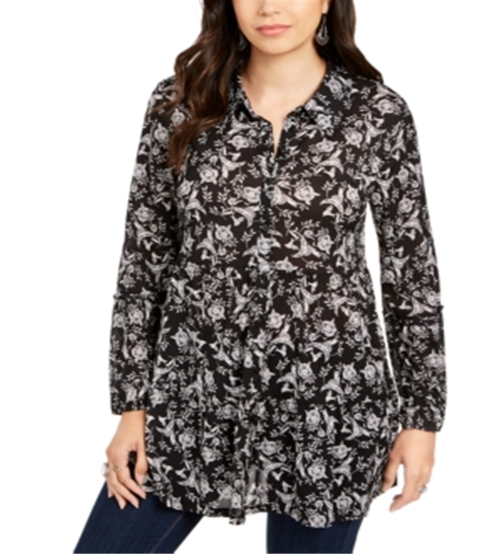 Style & Co Women's Printed Tiered Blouse Black Size M