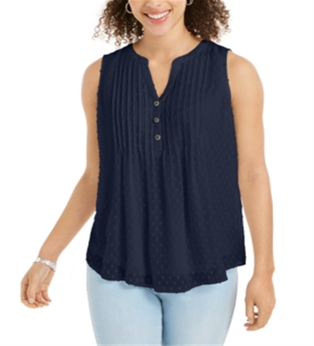 Charter Club Women's Pleated Clip Dot Top Blue Size Small