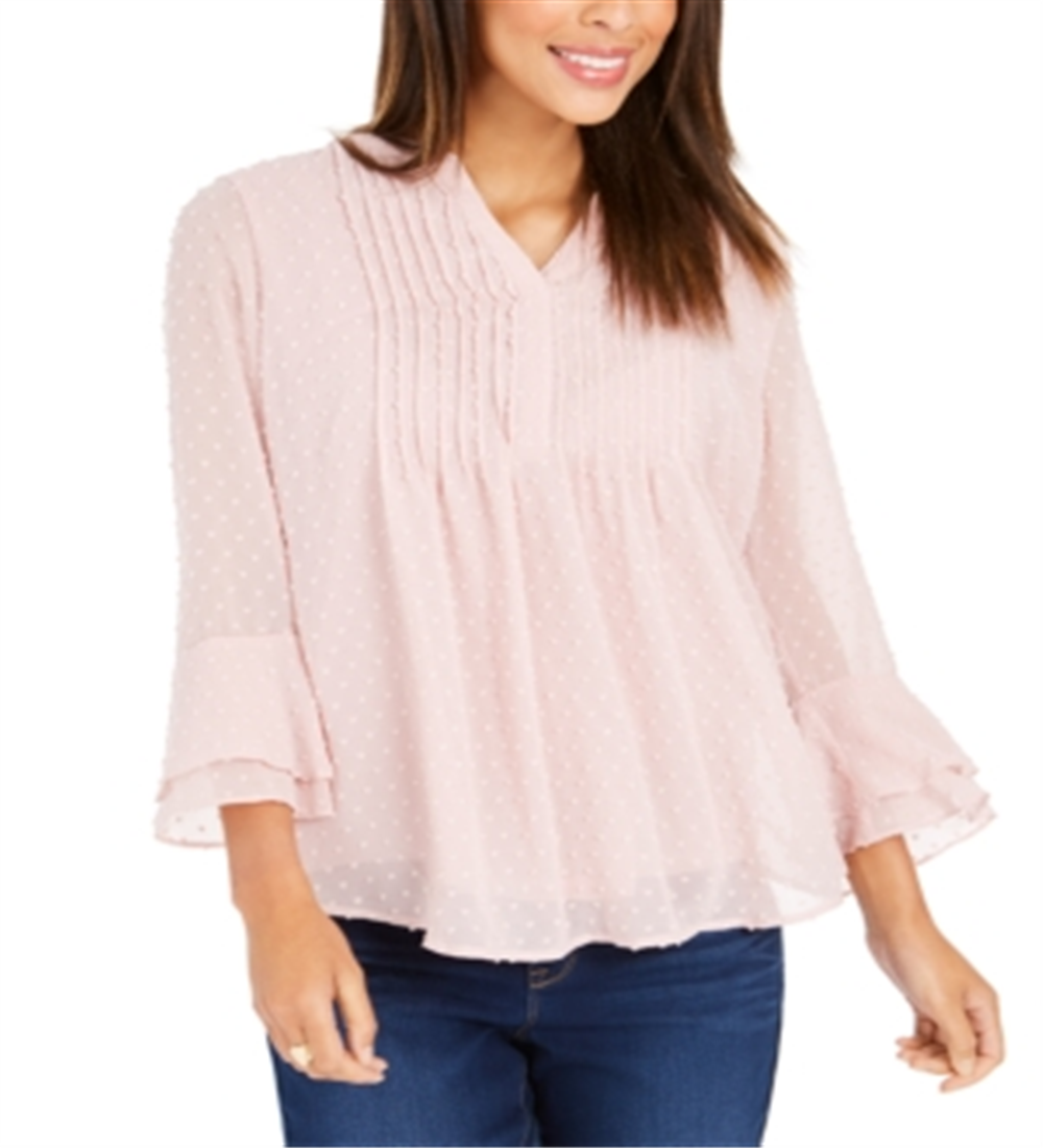 Charter Club Women's Double Ruffle Textured Pintuck Top Pink Size Small