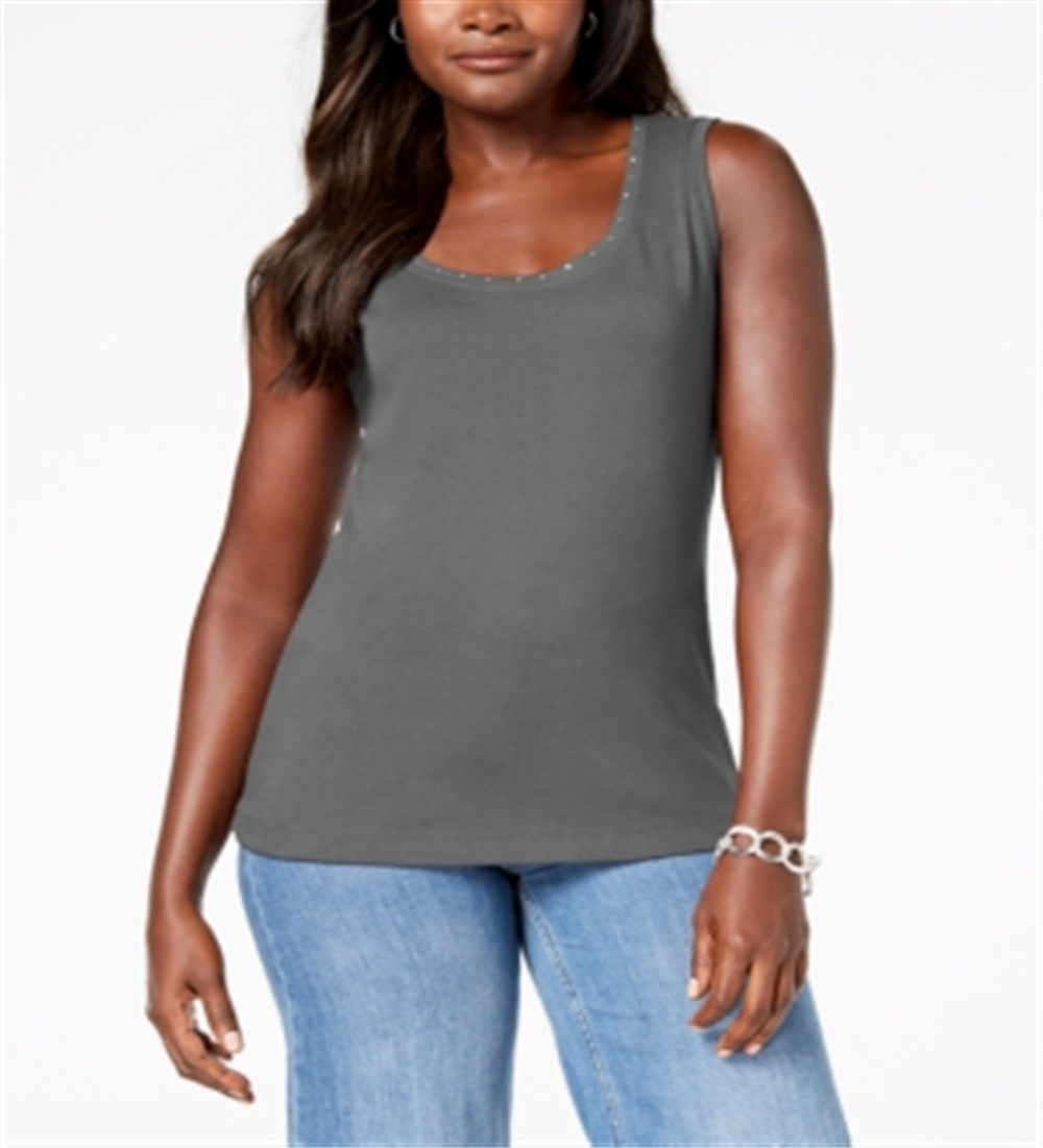 Karen Scott Women's Embellished Scoop Neck Tank Top Gray Size Medium
