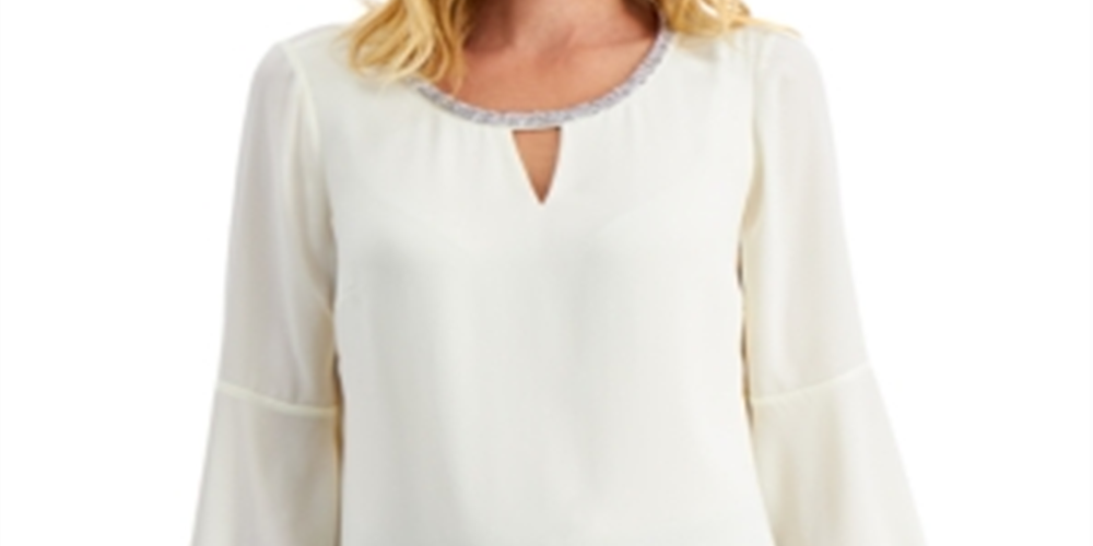 JM Collection Women's Bell Sleeve Rhinestone Neck Top White Size X-Small