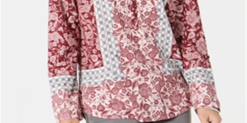 Style & Co Women's Floral Long Sleeve V Neck Top Red Size Medium