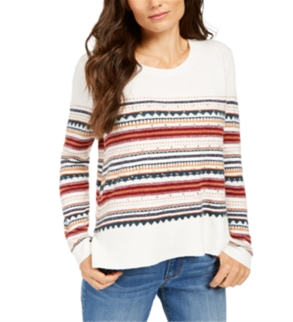 Style & Co Women's Striped Studded Sweater White Size Petite Large