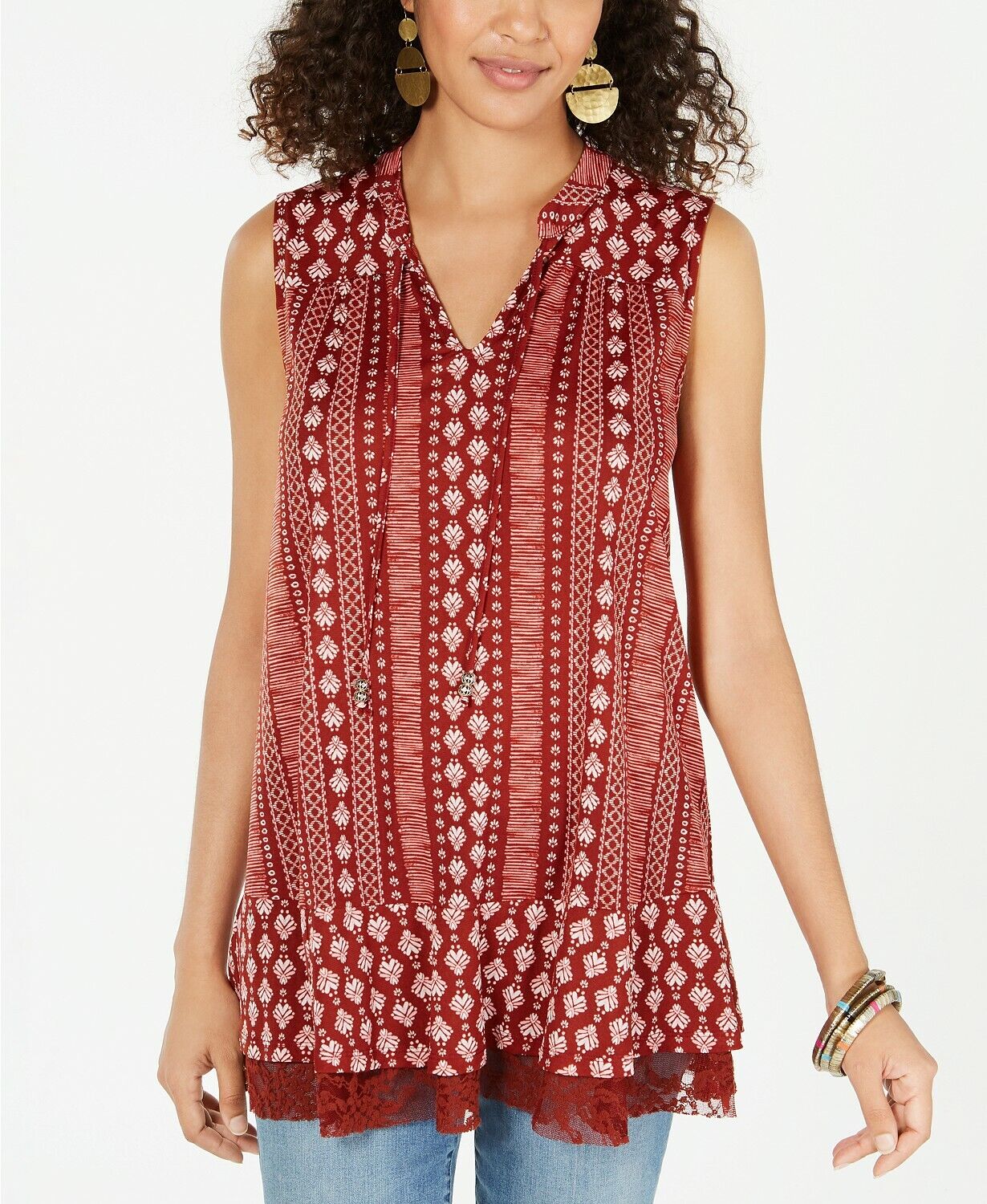 Style & Co Women's Printed Lace Trim Tunic Red Size Small
