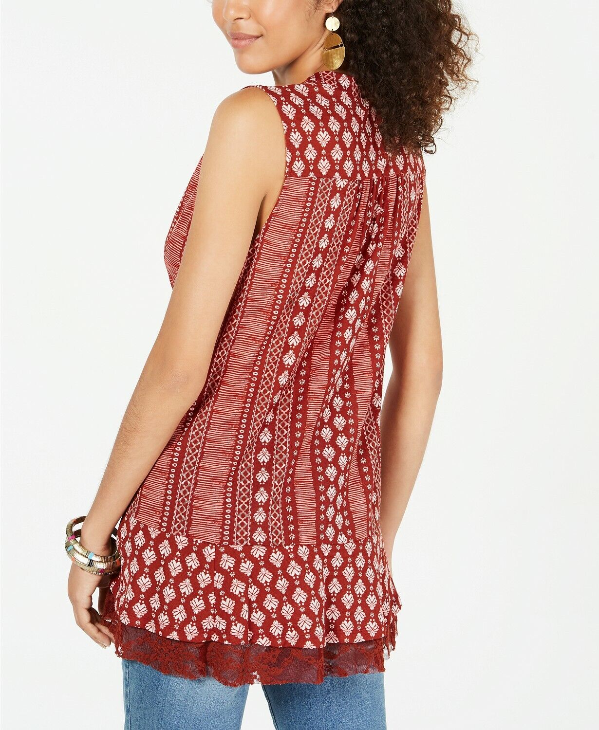 Style & Co Women's Printed Lace Trim Tunic Red Size Small