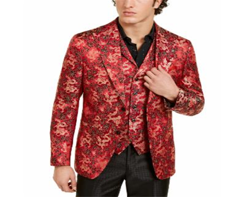 Tallia Men's Short Qipao Dragon Jacquard Peak Lapel Blazer Red Size 40