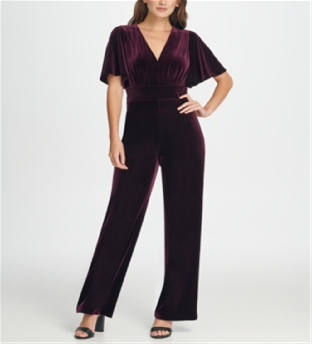DKNY Women's Zippered Bell Sleeve V Neck Wide Leg Party Jumpsuit Purple Size 12
