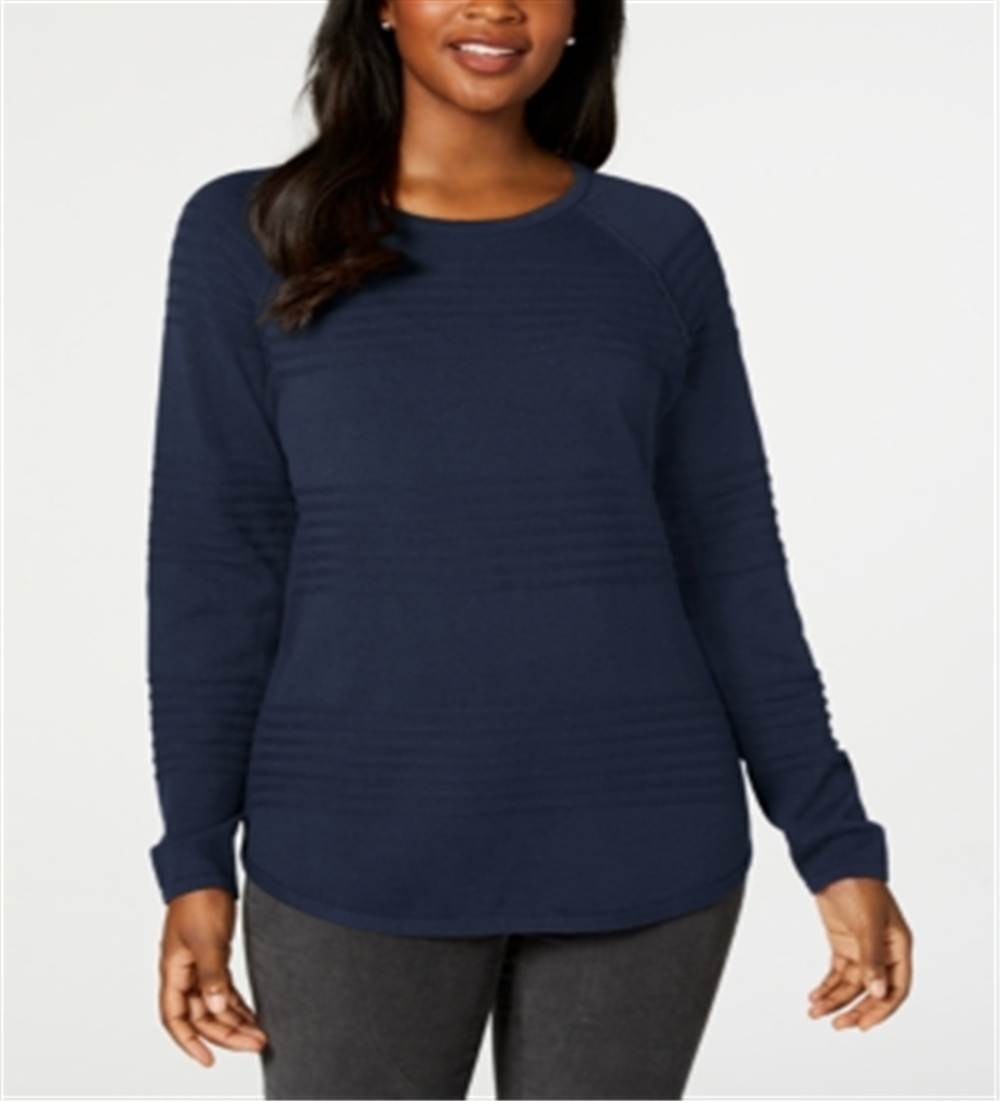 Karen Scott Women's Textured Long Sleeve Crew Neck Sweater Blue Size Petite Medium