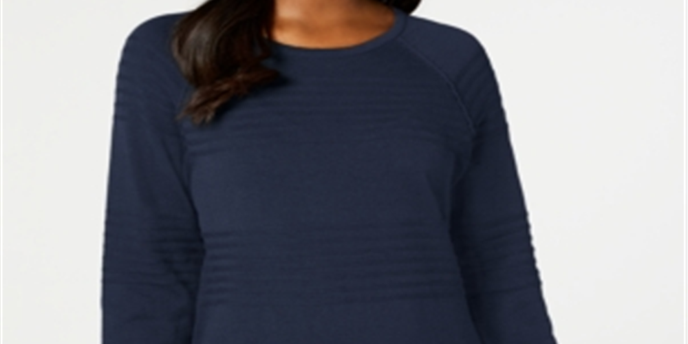 Karen Scott Women's Textured Long Sleeve Crew Neck Sweater Blue Size Petite Medium