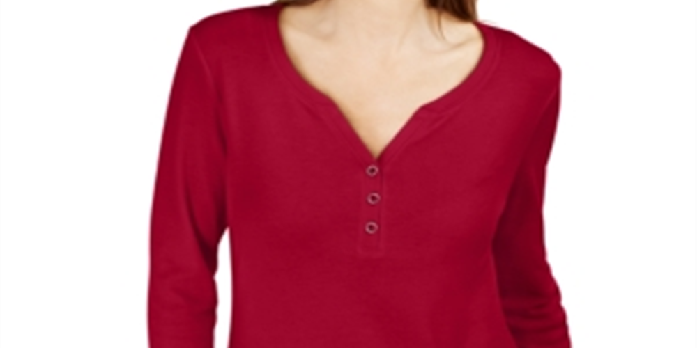 Karen Scott Women's 3/4 Sleeve Henley Shirt Red Size Medium