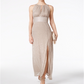 R & M Richards Women's Metallic Knit Keyhole Halter GownGold Size 16
