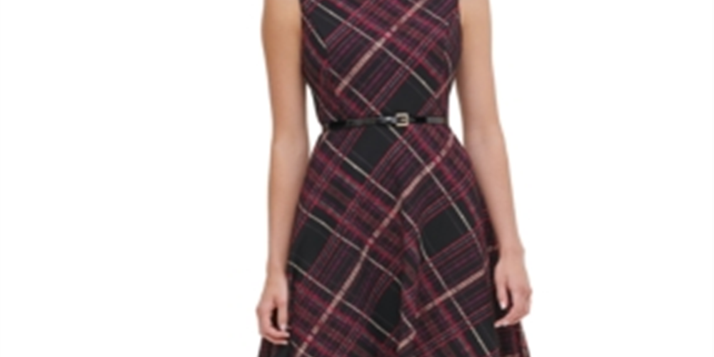 Tommy Hilfiger Women's Piper Belted Plaid Fit & Flare Dress Black Size 16