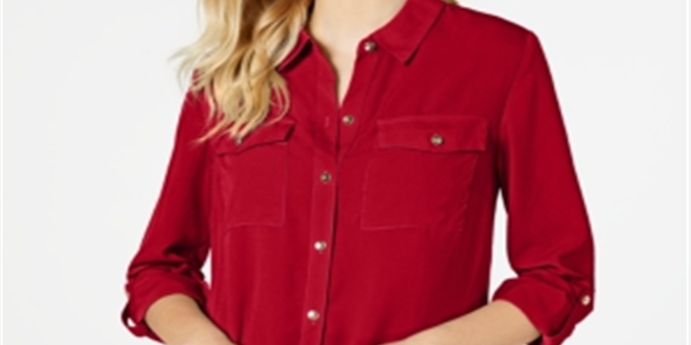 Charter Club Women's Solid Button up Shirt Red Size Petite Medium