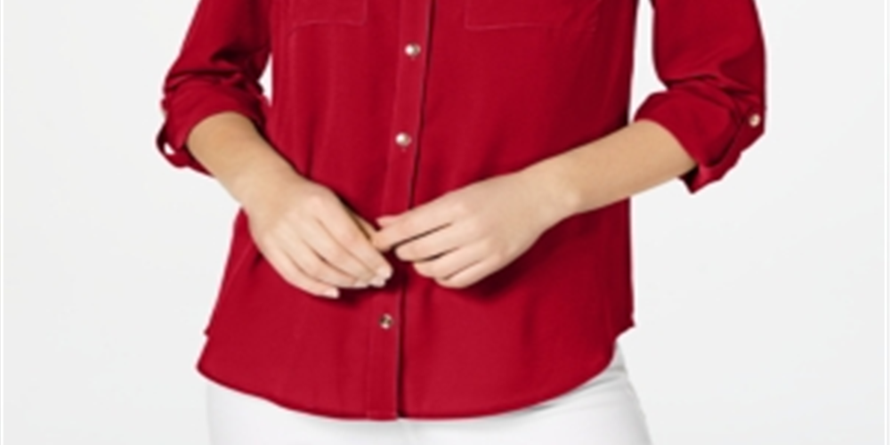 Charter Club Women's Solid Button up Shirt Red Size Petite Medium