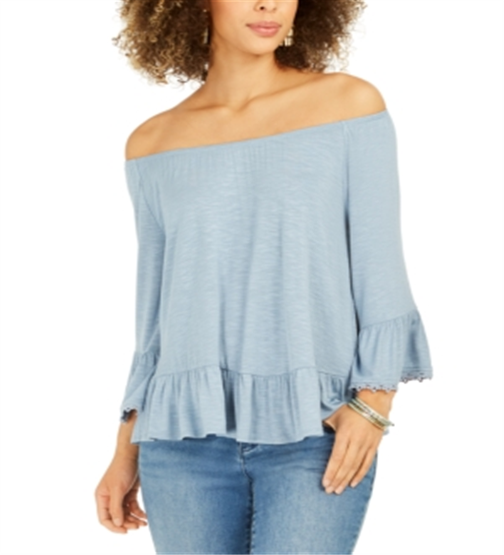 Style & Co Women's Off the Shoulder Ruffled Top Blue Size Petite S