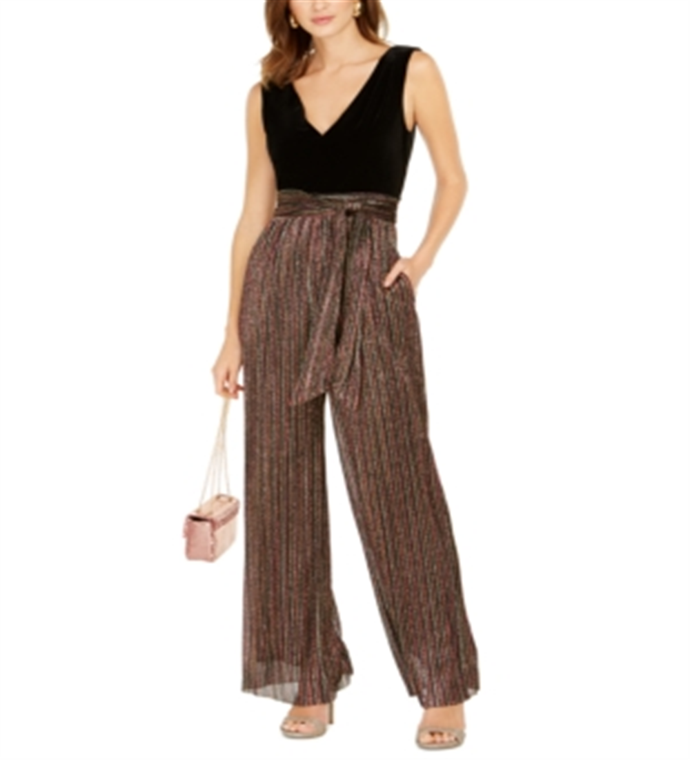 Vince Camuto Womens Velvet & Glitter-Striped Jumpsuit Black- Gold Size 12