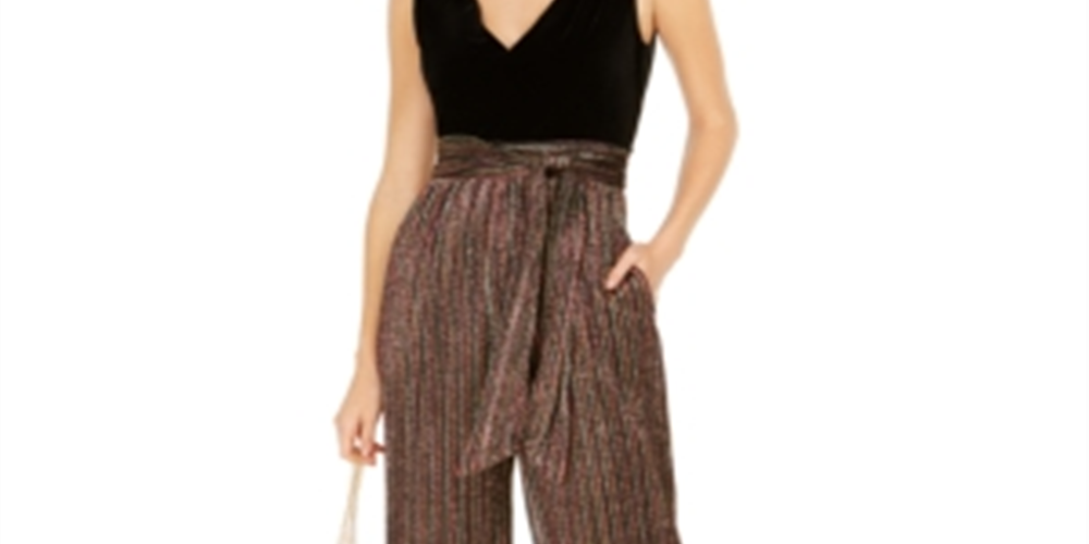 Vince Camuto Womens Velvet & Glitter-Striped Jumpsuit Black- Gold Size 12